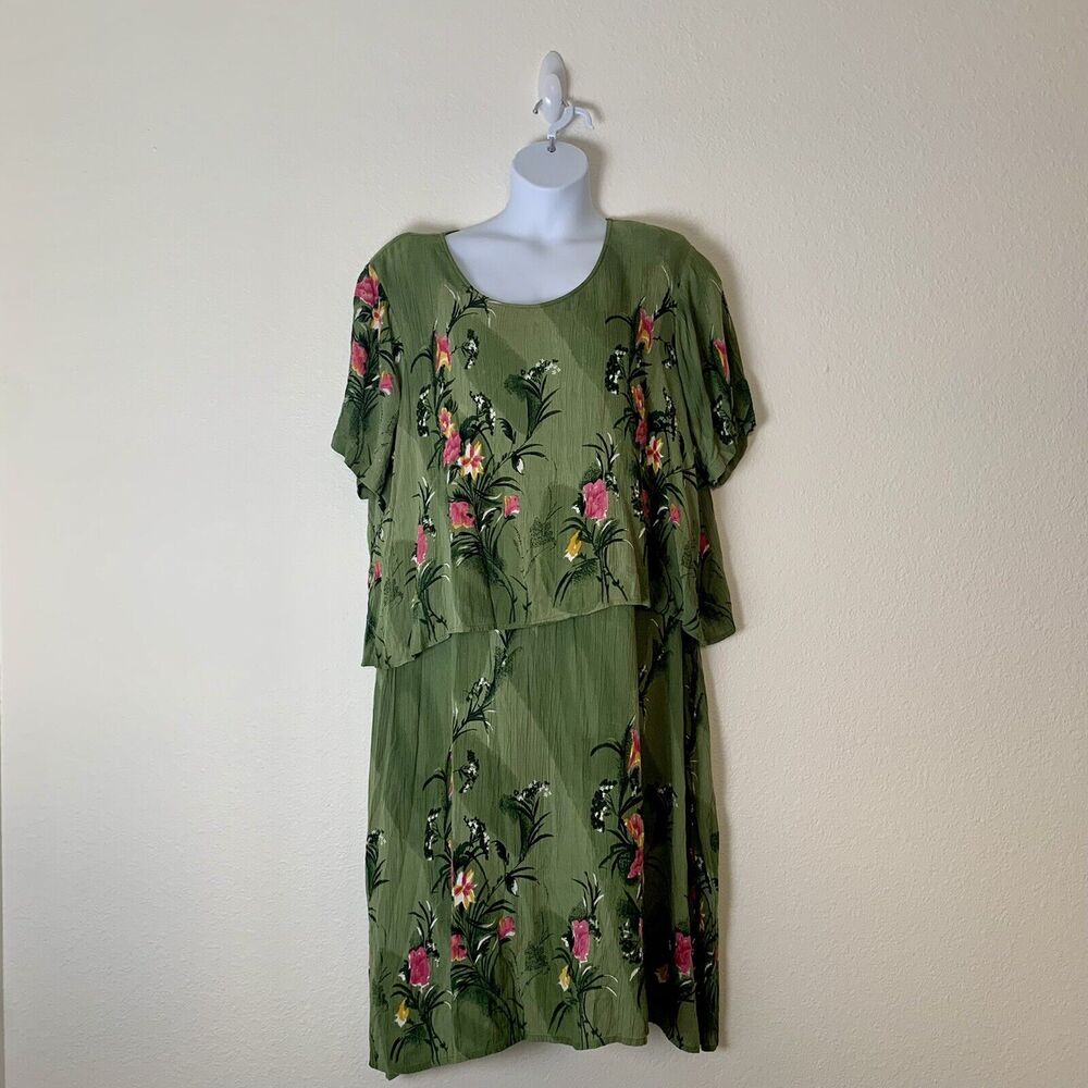 Vintage LA CERA Dress 3XL Plus Size Floral Midi Green Flowy Sheath